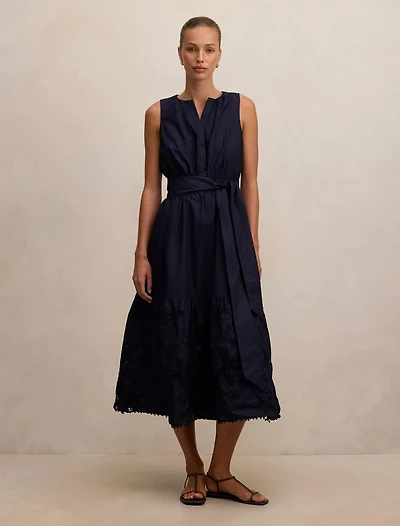 Evie Sleeveless Embroidered Tie Midi Dress
