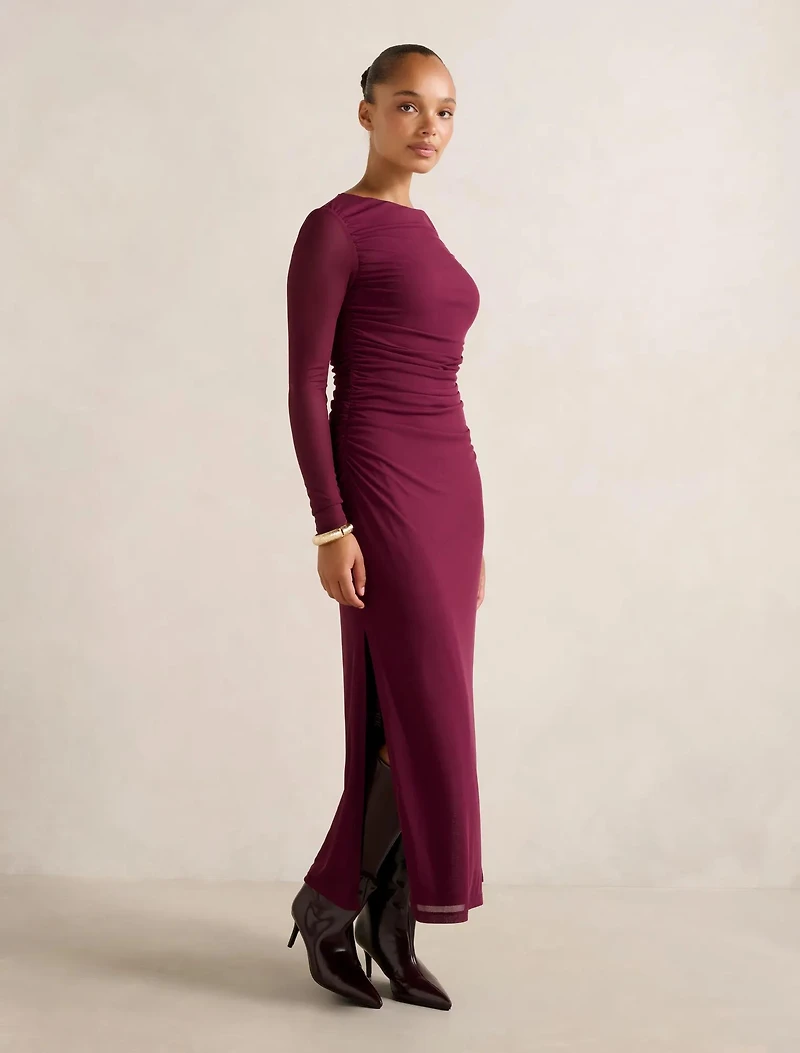 Brittany Gathered Mesh Midi Dress