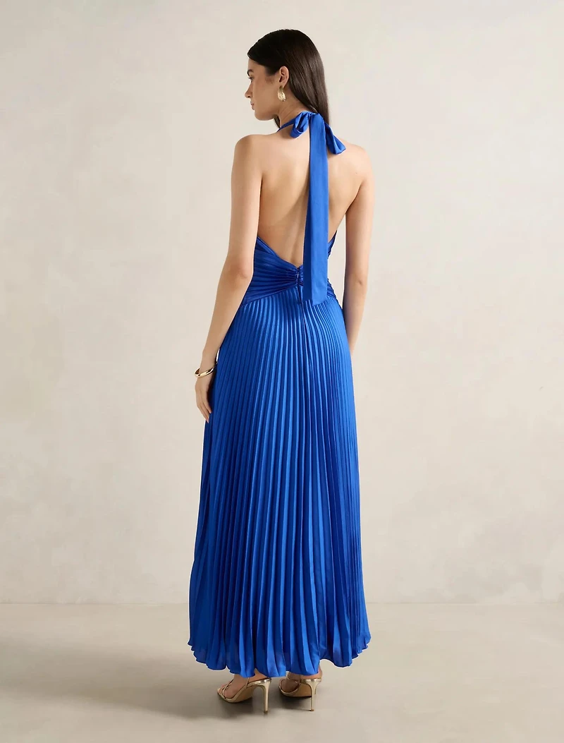 Natasha Pleated Satin Halter Maxi Dress