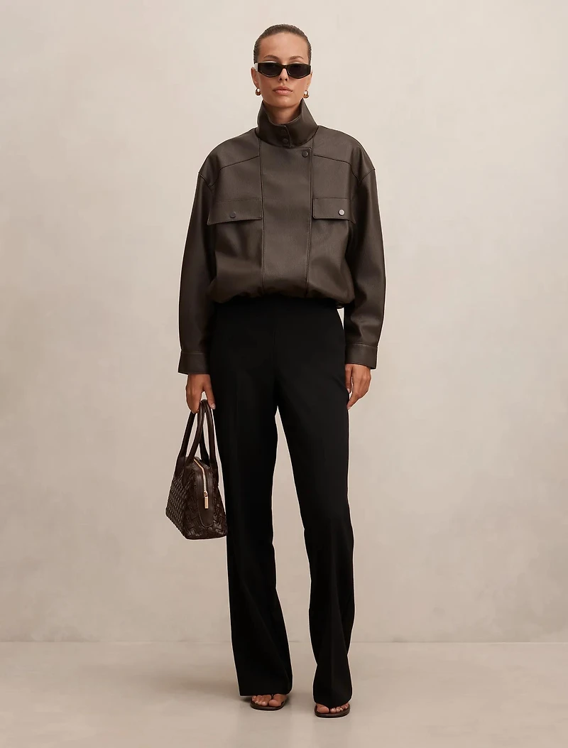 Angela Funnel Neck Faux Leather Bomber Jacket