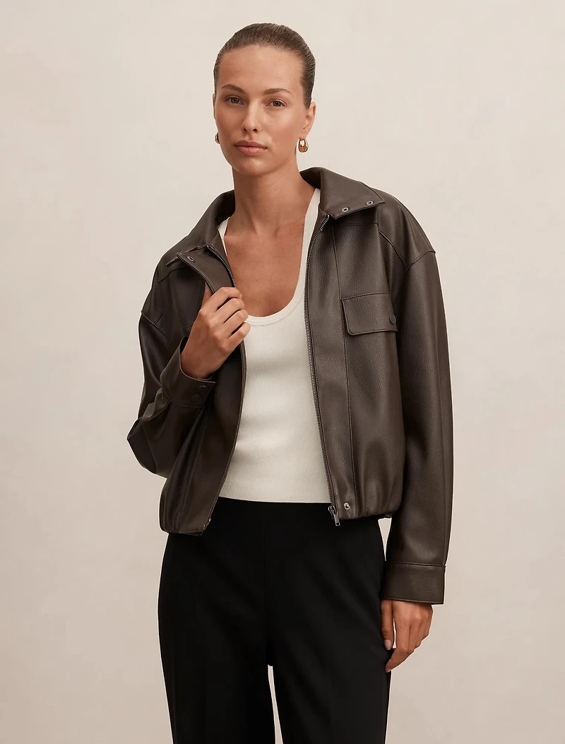 Angela Funnel Neck Faux Leather Bomber Jacket