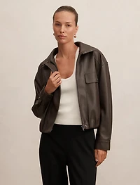 Angela Funnel Neck Faux Leather Bomber Jacket