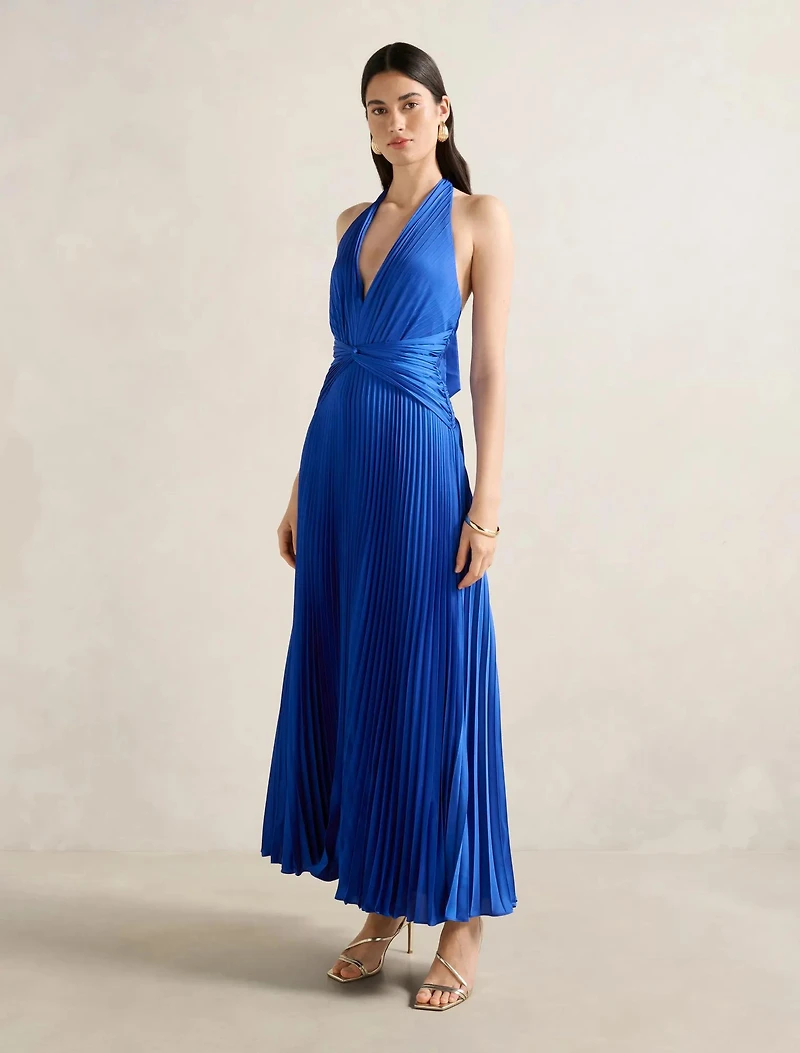 Natasha Pleated Satin Halter Maxi Dress