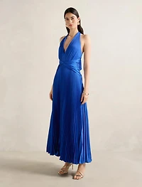 Natasha Pleated Satin Halter Maxi Dress