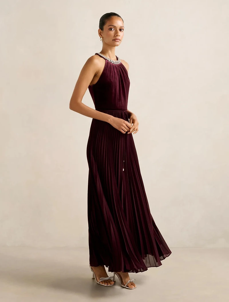 Gwen Petite Halter Neck Pleat Midi