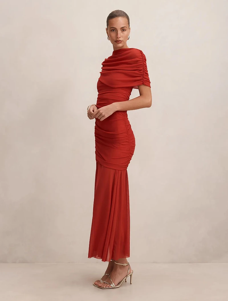 Elouise Asymmetric Cape Mesh Maxi Dress