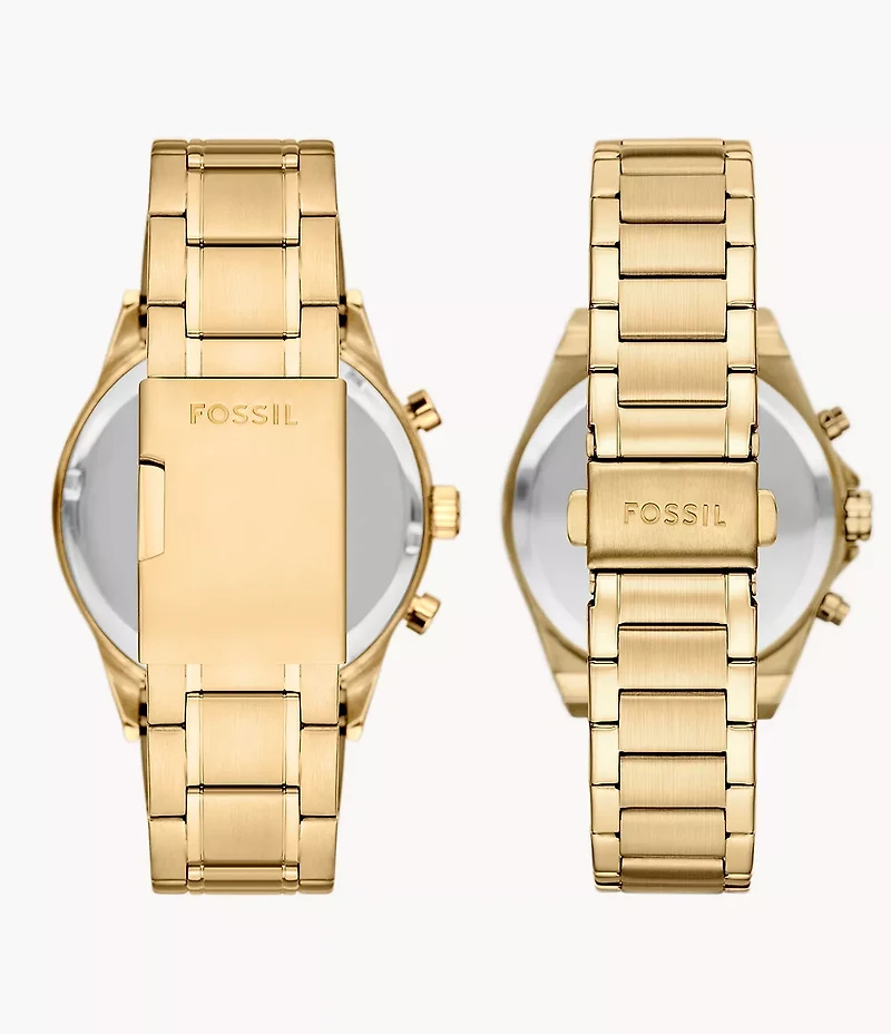 His and Her Chronograph Gold-Tone Stainless Steel Watch Gift Set