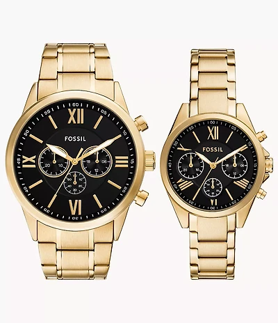 His and Her Chronograph Gold-Tone Stainless Steel Watch Gift Set