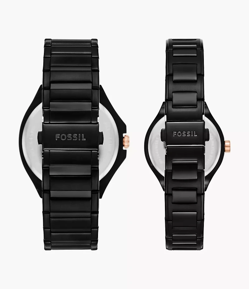 His and Her Multifunction Black Stainless Steel Watch Set
