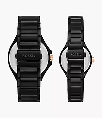 His and Her Multifunction Black Stainless Steel Watch Set
