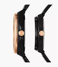 His and Her Multifunction Black Stainless Steel Watch Set