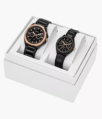 His and Her Multifunction Black Stainless Steel Watch Set