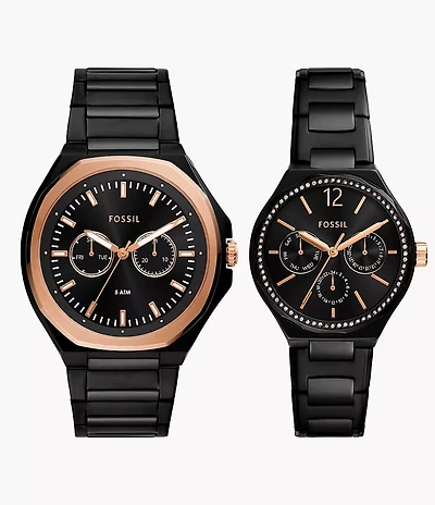 His and Her Multifunction Black Stainless Steel Watch Set
