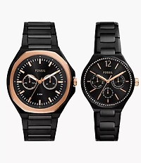 His and Her Multifunction Black Stainless Steel Watch Set