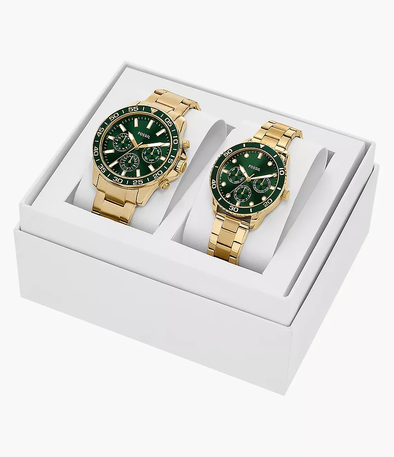 His and Hers Multifunction Gold-Tone Stainless Steel Watch Set