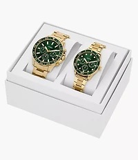 His and Hers Multifunction Gold-Tone Stainless Steel Watch Set