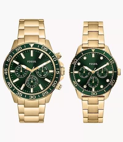 His and Hers Multifunction Gold-Tone Stainless Steel Watch Set