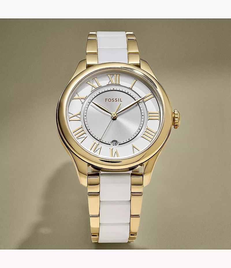 Gilmore Three-Hand Date Gold-Tone and White Ceramic Watch