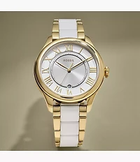 Gilmore Three-Hand Date Gold-Tone and White Ceramic Watch