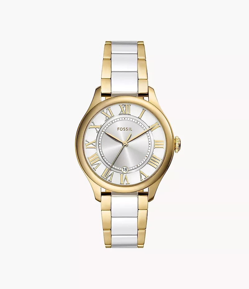 Gilmore Three-Hand Date Gold-Tone and White Ceramic Watch