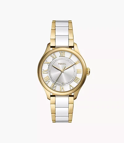 Gilmore Three-Hand Date Gold-Tone and White Ceramic Watch