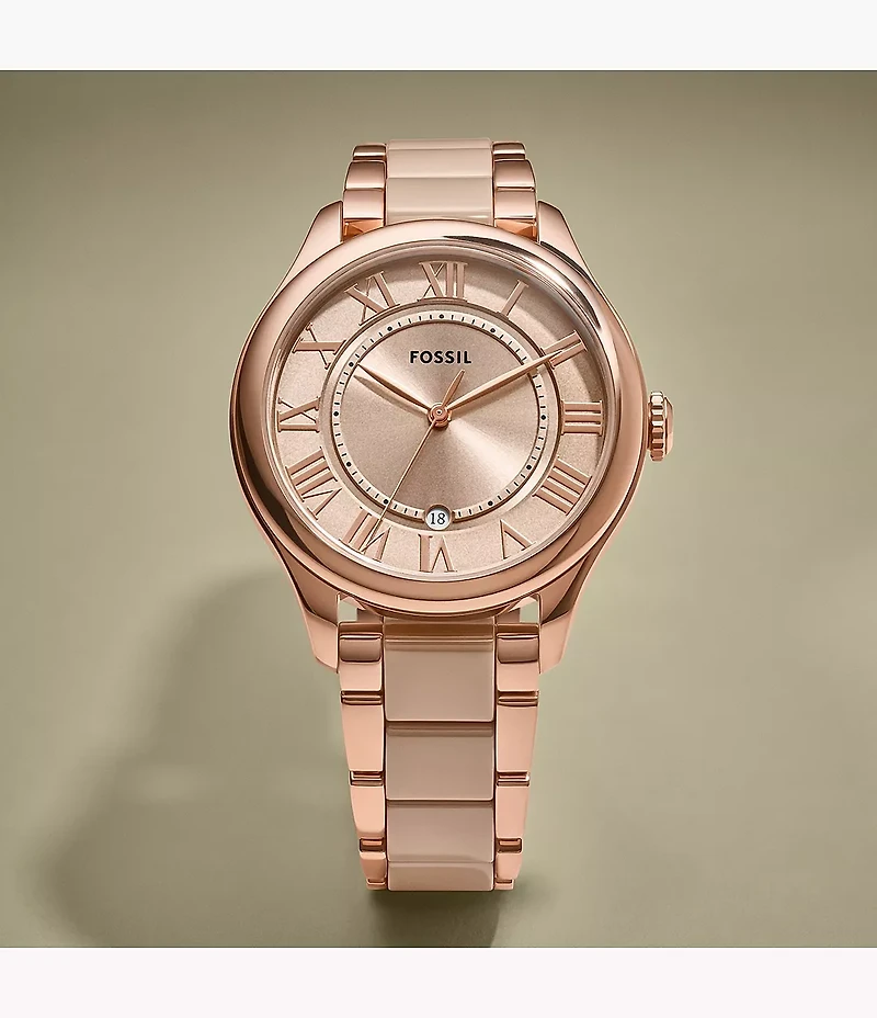 Gilmore Three-Hand Date Rose Gold-Tone and Brown Ceramic Watch