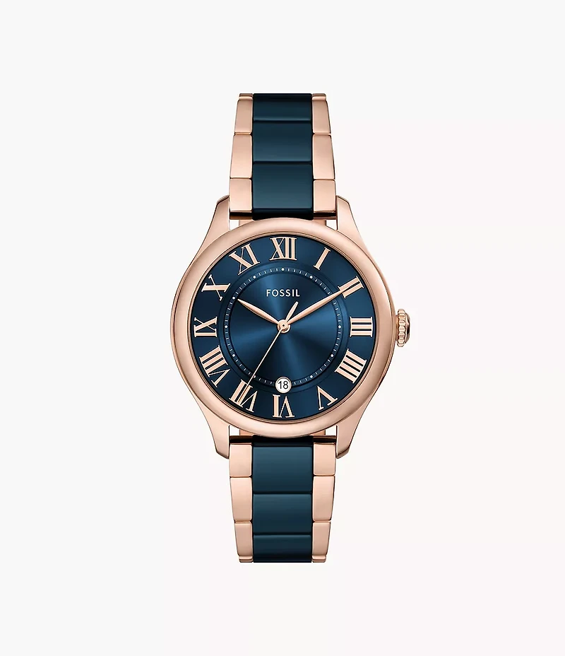 Gilmore Three-Hand Date Rose Gold-Tone and Navy Ceramic Watch