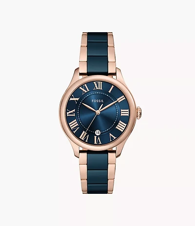 Gilmore Three-Hand Date Rose Gold-Tone and Navy Ceramic Watch
