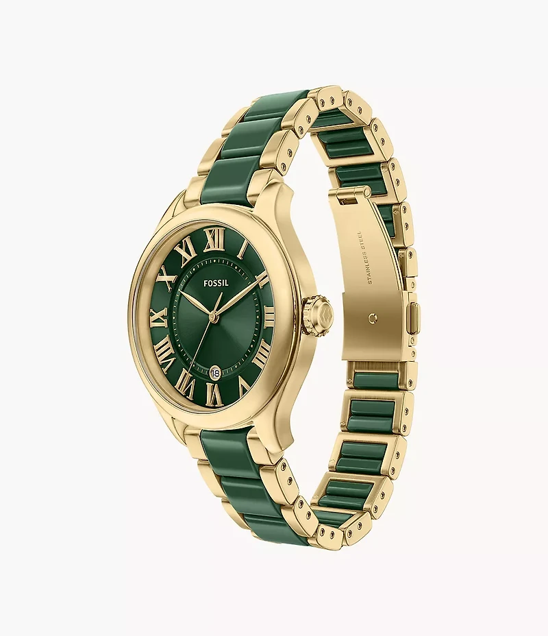 Gilmore 38mm Three-Hand Date Gold-Tone Stainless Steel & Green Ceramic Watch