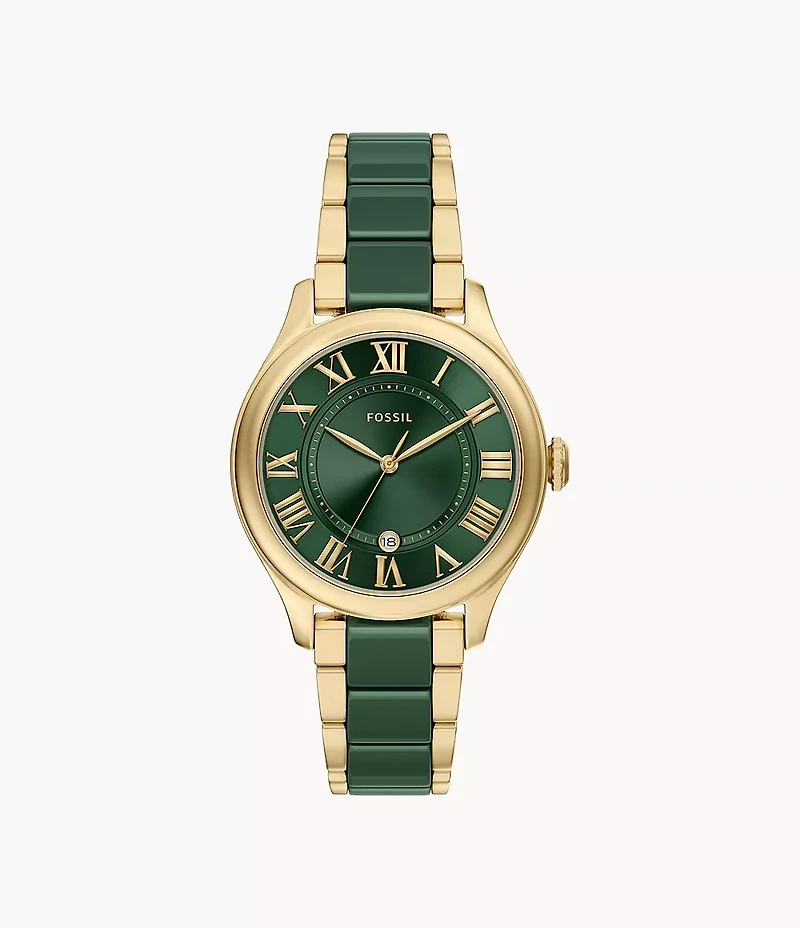 Gilmore 38mm Three-Hand Date Gold-Tone Stainless Steel & Green Ceramic Watch