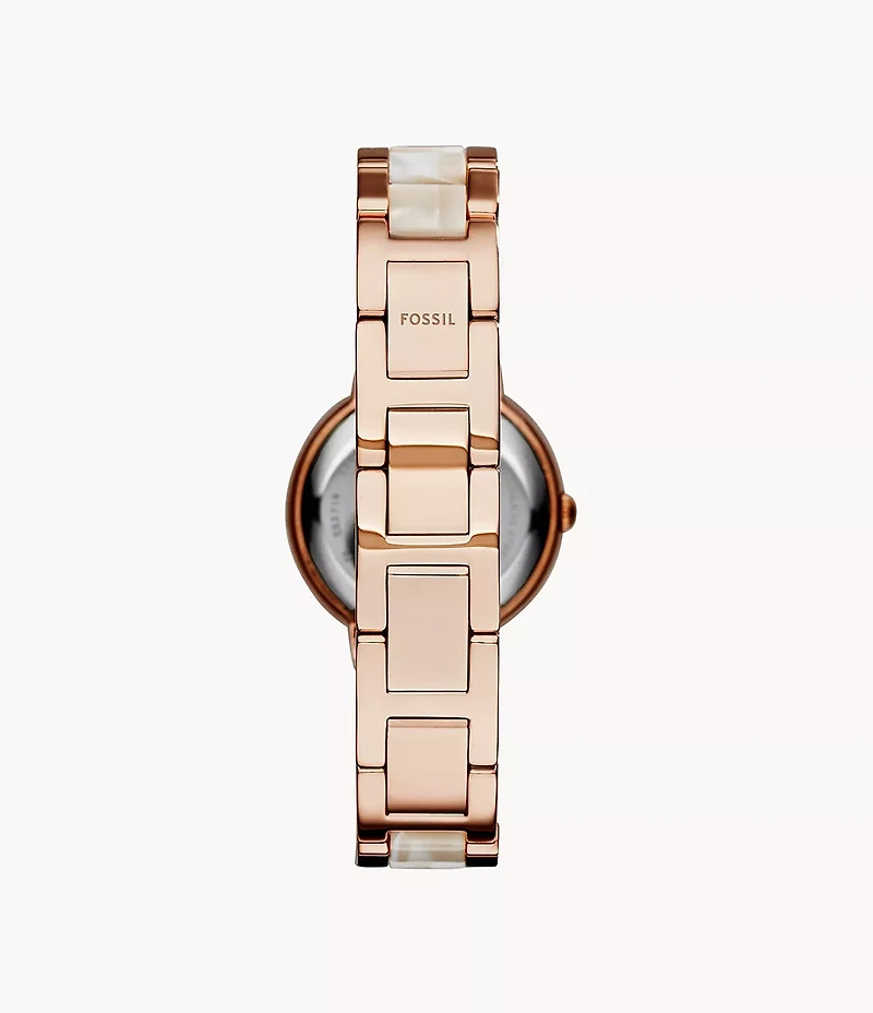 Virginia Three-Hand Day-Date Rose Gold-Tone and Horn Acetate Stainless Steel Watch