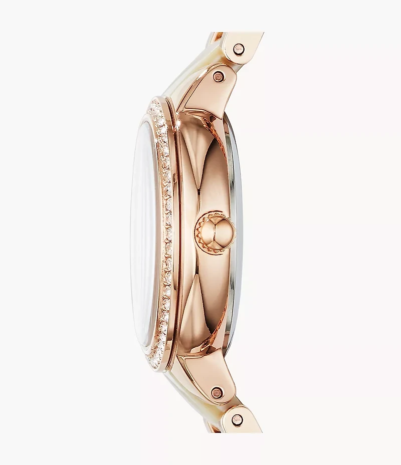 Virginia Three-Hand Day-Date Rose Gold-Tone and Horn Acetate Stainless Steel Watch