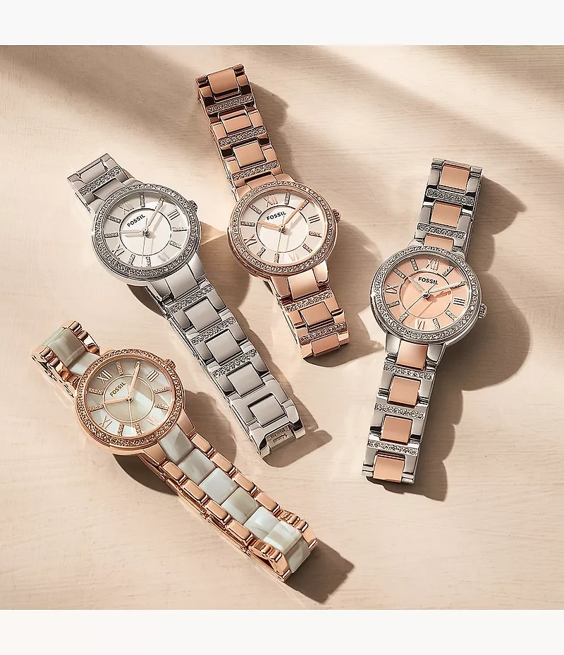Virginia Three-Hand Day-Date Rose Gold-Tone and Horn Acetate Stainless Steel Watch