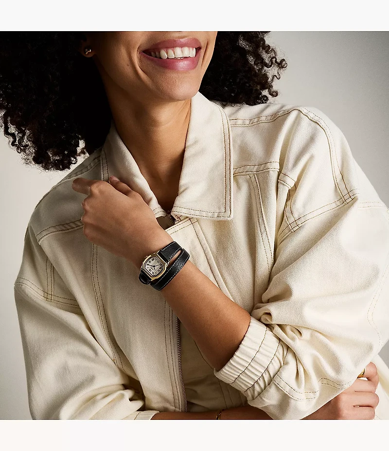 Harlow Three-Hand Black Leather Watch
