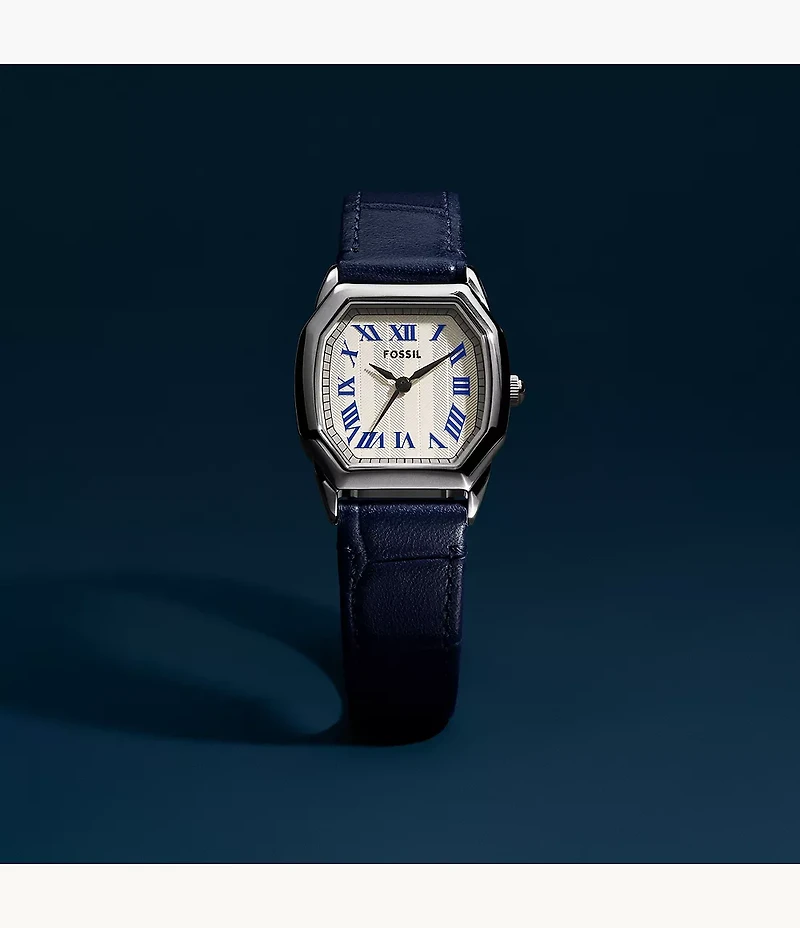Harlow Three-Hand Navy Croco Leather Watch