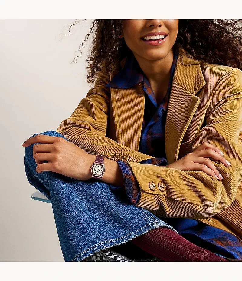 Harlow Three-Hand Burgundy Croco Leather Watch