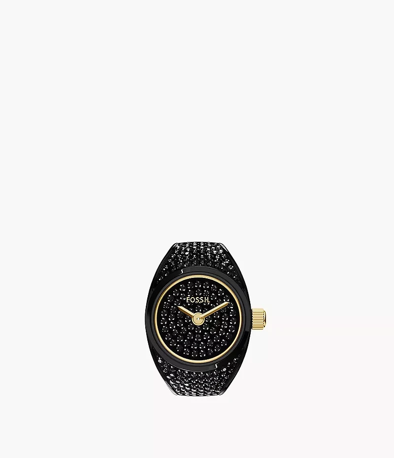 Watch Ring Two-Hand Pavé Black Stainless Steel Watch