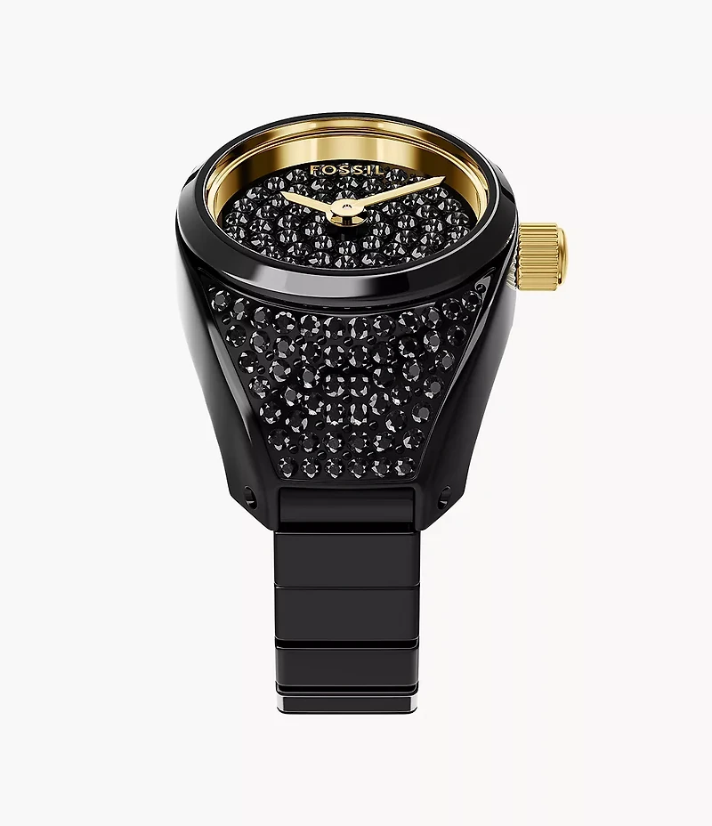 Watch Ring Two-Hand Pavé Black Stainless Steel Watch