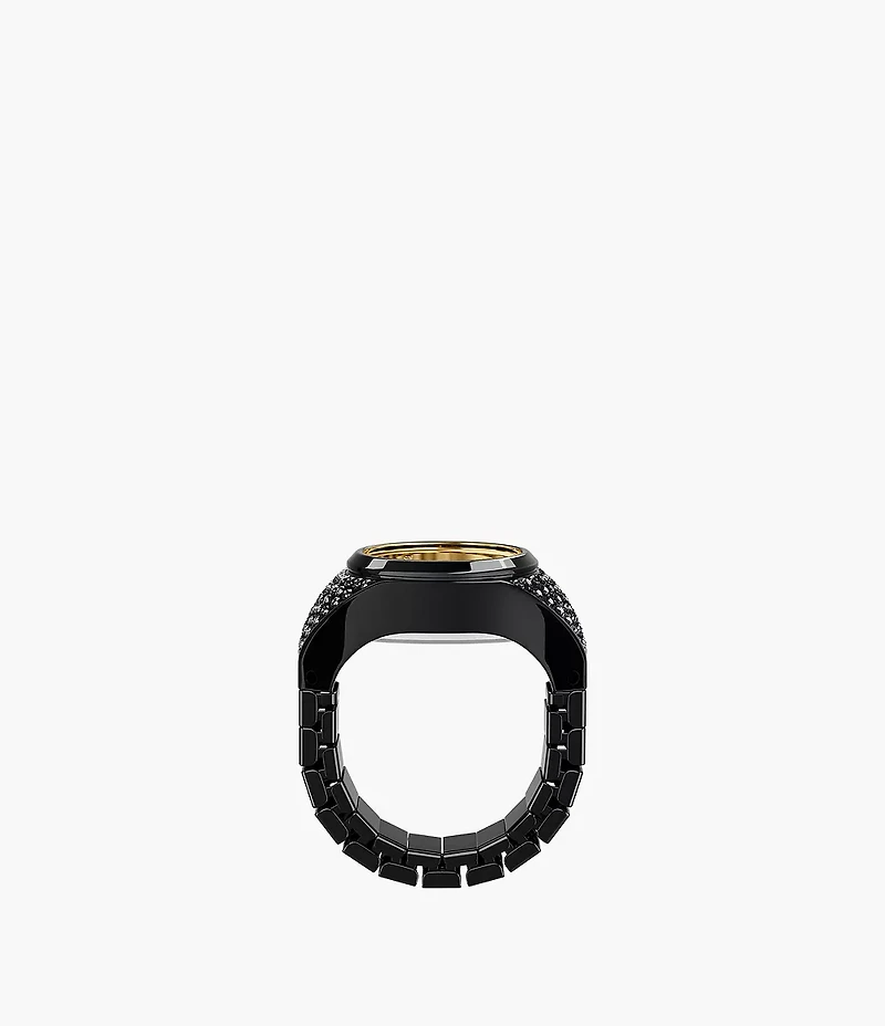 Watch Ring Two-Hand Pavé Black Stainless Steel Watch