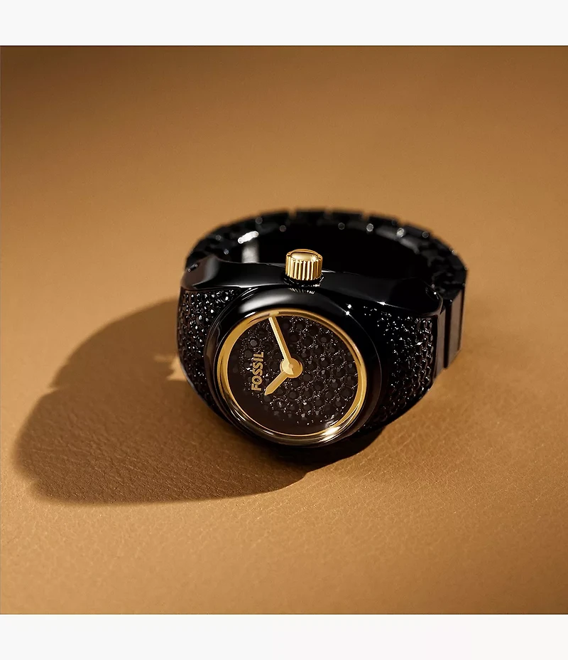 Watch Ring Two-Hand Pavé Black Stainless Steel Watch