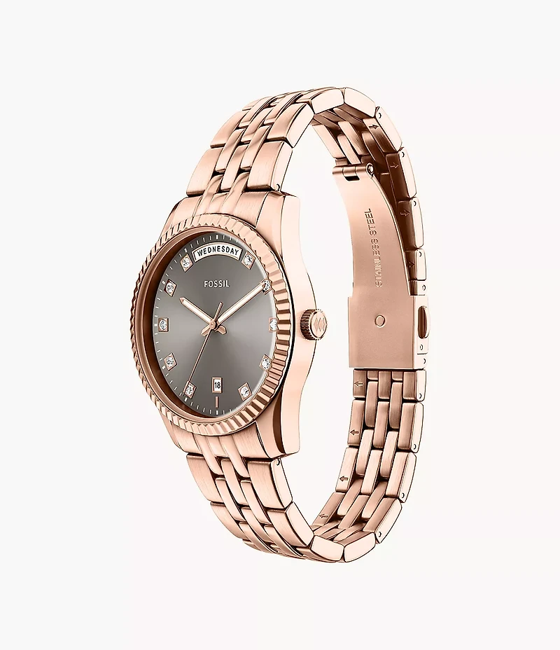 Scarlette Three-Hand Day-Date Rose Gold-Tone Stainless Steel Watch