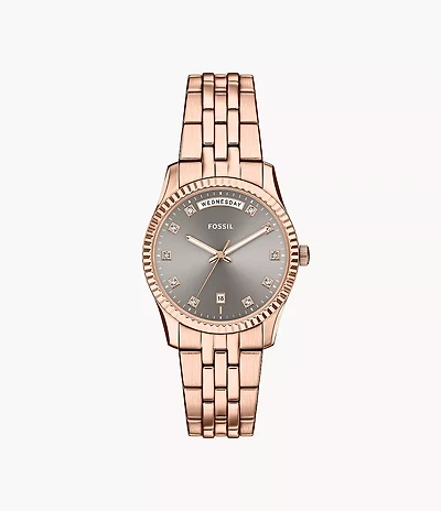 Scarlette Three-Hand Day-Date Rose Gold-Tone Stainless Steel Watch