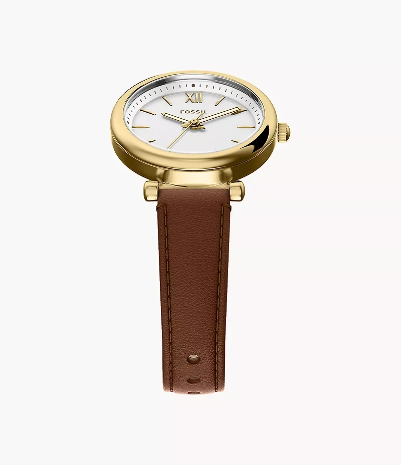 Carlie Mini Three-Hand Brown Leather Watch