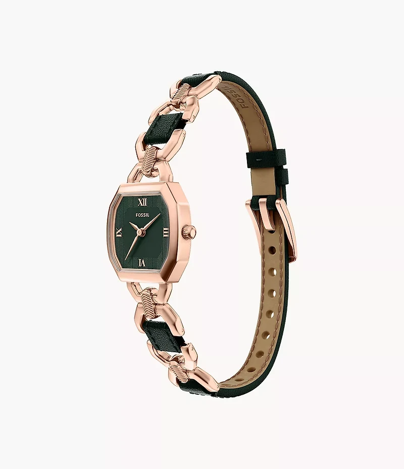 Harlow 22mm Three-Hand Green Leather and Rose Gold-Tone Stainless Steel Watch