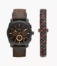 Machine Chronograph Dark Brown Leather Watch and Bracelet Box Set