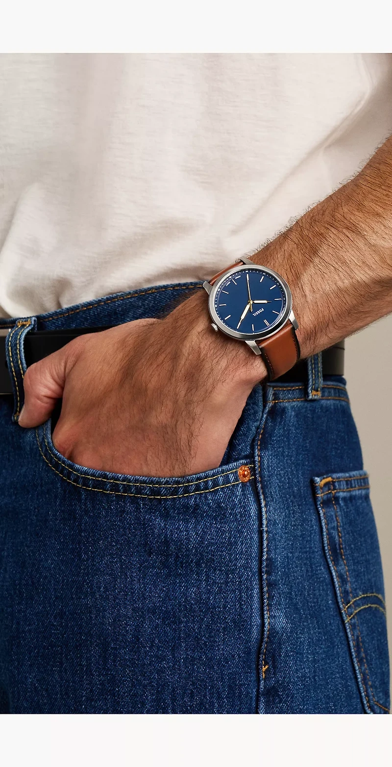 Minimalist 44mm Three-Hand Light Brown Leather Watch