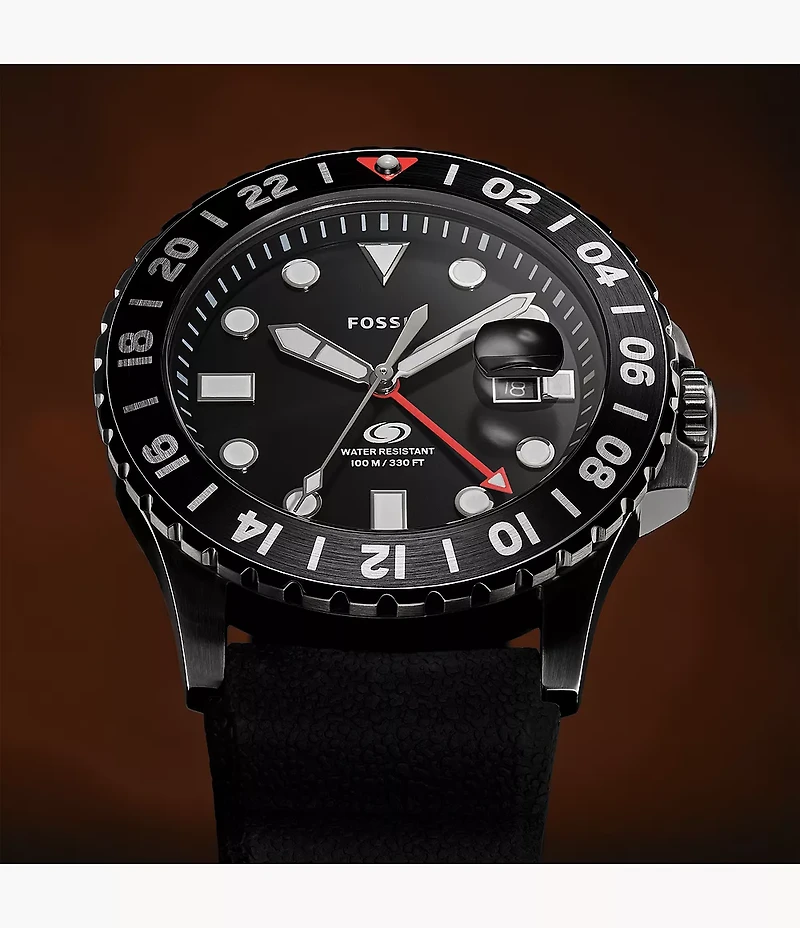 Fossil Blue GMT 46mm Black Silicone Watch