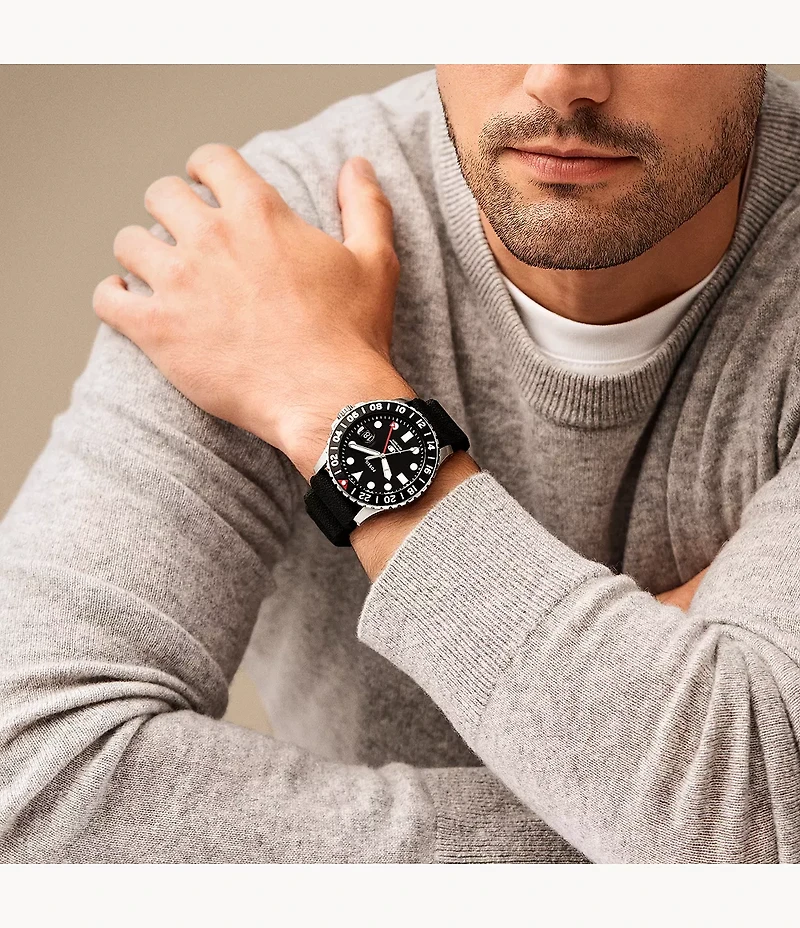 Fossil Blue GMT 46mm Black Silicone Watch