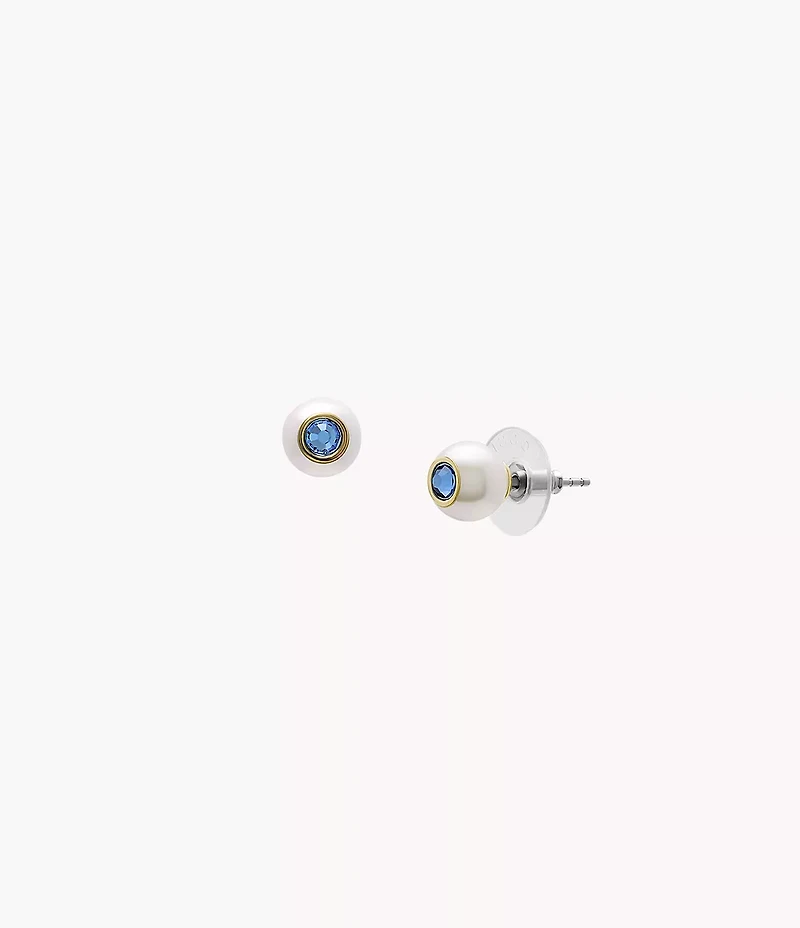 Bright Baubles White Shell and Blue Rhinestone Stud Earrings