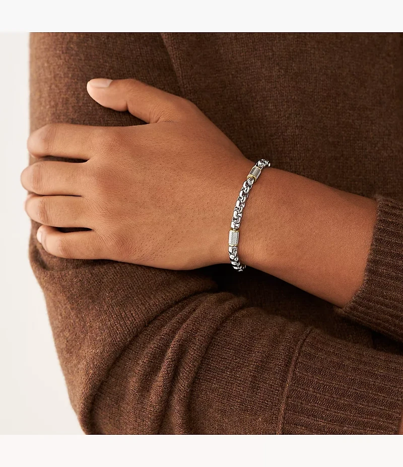 Machine Knurled Texture Two-Tone Stainless Steel Chain Bracelet